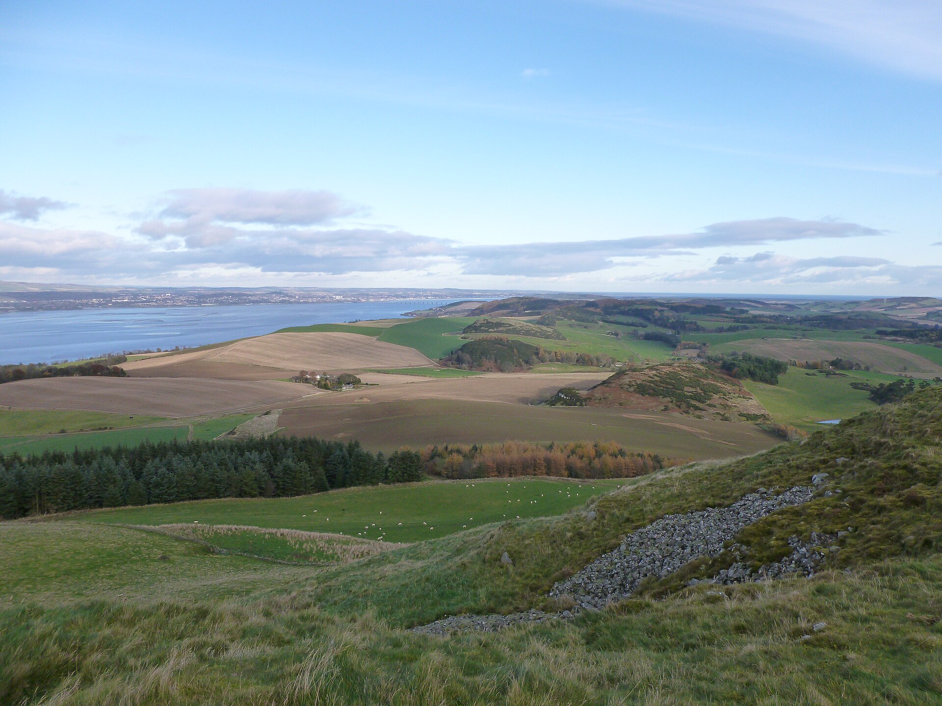 North Fife seen from the summit of Norman's Law, looking out over the farmland below the hillfort.